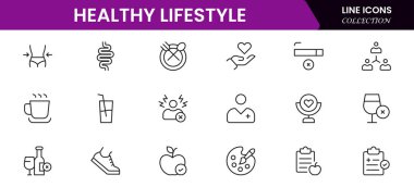 Sağlıklı yaşam ikonu seti. Diyet, egzersiz, uyku, koşu, rutin, spor, beslenme, kardiyo egzersizleri, spor malzemeleri, yoga, öz bakım, kültür ve hobiler için ikonlar içerir.