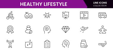 Sağlıklı yaşam ikonu seti. Diyet, egzersiz, uyku, koşu, rutin, spor, beslenme, kardiyo egzersizleri, spor malzemeleri, yoga, öz bakım, kültür ve hobiler için ikonlar içerir.