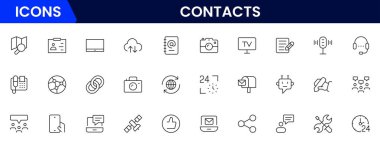 Satır simgesi setiyle bağlantı kurun. Sohbet, isim, adres, e-posta, mesaj, telefon ve daha fazlası. Doğrusal olarak taslak vektör simgesi. Kavramsal resim koleksiyonu