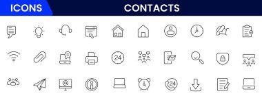 Satır simgesi setiyle bağlantı kurun. Sohbet, isim, adres, e-posta, mesaj, telefon ve daha fazlası. Doğrusal olarak taslak vektör simgesi. Kavramsal resim koleksiyonu