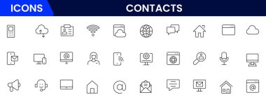 Satır simgesi setiyle bağlantı kurun. Sohbet, isim, adres, e-posta, mesaj, telefon ve daha fazlası. Doğrusal olarak taslak vektör simgesi. Kavramsal resim koleksiyonu