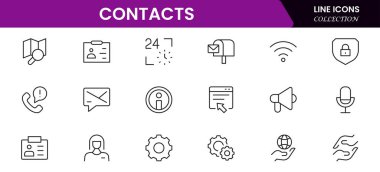 Satır simgesi setiyle bağlantı kurun. Sohbet, isim, adres, e-posta, mesaj, telefon ve daha fazlası. Doğrusal olarak taslak vektör simgesi. Kavramsal resim koleksiyonu