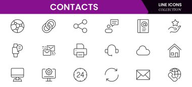 Satır simgesi setiyle bağlantı kurun. Sohbet, isim, adres, e-posta, mesaj, telefon ve daha fazlası. Doğrusal olarak taslak vektör simgesi. Kavramsal resim koleksiyonu