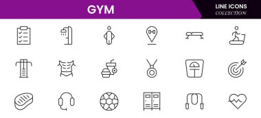 Spor salonu ve spor salonu ikonu seti. Sağlıklı yaşam tarzı, ağırlık çalışması, vücut bakımı ve egzersiz malzemesi ikonları içerir. Vektör illüstrasyon web çizgisi simgesi koleksiyonu