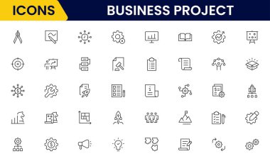 Doğrusal olarak web simgelerinden oluşan bir iş seti. Web ve mobil uygulamalar için iş projesi simgeleri. İş, organizasyon yönetimi, planlama, proje, girişim, pazarlama, takım çalışması. Vektör illüstrasyonu