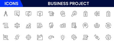 Doğrusal olarak web simgelerinden oluşan bir iş seti. Web ve mobil uygulamalar için iş projesi simgeleri. İş, organizasyon yönetimi, planlama, proje, girişim, pazarlama, takım çalışması. Vektör illüstrasyonu