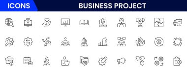 Doğrusal olarak web simgelerinden oluşan bir iş seti. Web ve mobil uygulamalar için iş projesi simgeleri. İş, organizasyon yönetimi, planlama, proje, girişim, pazarlama, takım çalışması. Vektör illüstrasyonu