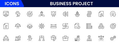 Doğrusal olarak web simgelerinden oluşan bir iş seti. Web ve mobil uygulamalar için iş projesi simgeleri. İş, organizasyon yönetimi, planlama, proje, girişim, pazarlama, takım çalışması. Vektör illüstrasyonu