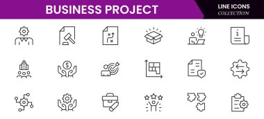 Doğrusal olarak web simgelerinden oluşan bir iş seti. Web ve mobil uygulamalar için iş projesi simgeleri. İş, organizasyon yönetimi, planlama, proje, girişim, pazarlama, takım çalışması. Vektör illüstrasyonu