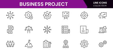Doğrusal olarak web simgelerinden oluşan bir iş seti. Web ve mobil uygulamalar için iş projesi simgeleri. İş, organizasyon yönetimi, planlama, proje, girişim, pazarlama, takım çalışması. Vektör illüstrasyonu
