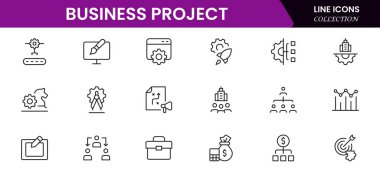 Doğrusal olarak web simgelerinden oluşan bir iş seti. Web ve mobil uygulamalar için iş projesi simgeleri. İş, organizasyon yönetimi, planlama, proje, girişim, pazarlama, takım çalışması. Vektör illüstrasyonu