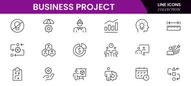 Doğrusal olarak web simgelerinden oluşan bir iş seti. Web ve mobil uygulamalar için iş projesi simgeleri. İş, organizasyon yönetimi, planlama, proje, girişim, pazarlama, takım çalışması. Vektör illüstrasyonu