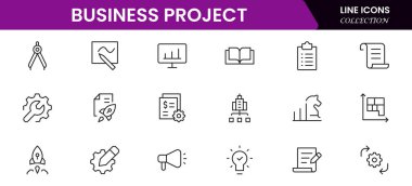 Doğrusal olarak web simgelerinden oluşan bir iş seti. Web ve mobil uygulamalar için iş projesi simgeleri. İş, organizasyon yönetimi, planlama, proje, girişim, pazarlama, takım çalışması. Vektör illüstrasyonu