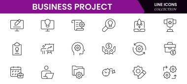 Doğrusal olarak web simgelerinden oluşan bir iş seti. Web ve mobil uygulamalar için iş projesi simgeleri. İş, organizasyon yönetimi, planlama, proje, girişim, pazarlama, takım çalışması. Vektör illüstrasyonu