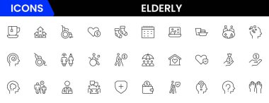 Yaşlı simgesi seti. Yaşlı bakımı, emekli maaşı, görme kaybı ve daha fazlası. çizgi simgesi tarzı. Old age element vektör illüstrasyonu