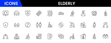 Yaşlı simgesi seti. Yaşlı bakımı, emekli maaşı, görme kaybı ve daha fazlası. çizgi simgesi tarzı. Old age element vektör illüstrasyonu