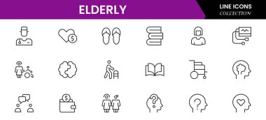 Yaşlı simgesi seti. Yaşlı bakımı, emekli maaşı, görme kaybı ve daha fazlası. çizgi simgesi tarzı. Old age element vektör illüstrasyonu