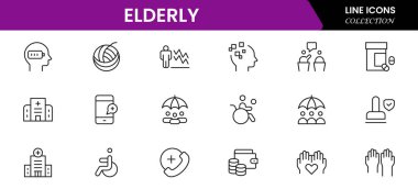 Yaşlı simgesi seti. Yaşlı bakımı, emekli maaşı, görme kaybı ve daha fazlası. çizgi simgesi tarzı. Old age element vektör illüstrasyonu