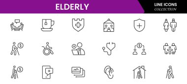 Yaşlı simgesi seti. Yaşlı bakımı, emekli maaşı, görme kaybı ve daha fazlası. çizgi simgesi tarzı. Old age element vektör illüstrasyonu