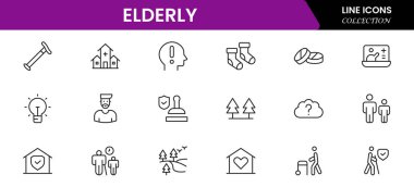 Yaşlı simgesi seti. Yaşlı bakımı, emekli maaşı, görme kaybı ve daha fazlası. çizgi simgesi tarzı. Old age element vektör illüstrasyonu