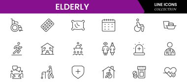 Yaşlı simgesi seti. Yaşlı bakımı, emekli maaşı, görme kaybı ve daha fazlası. çizgi simgesi tarzı. Old age element vektör illüstrasyonu