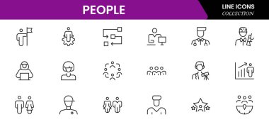 Düz bir şekilde insan simgesi oluşturuldu. Satır simgesi ayarlandı. Yönetim çizgisi simgeleri. Çizgi İş Adamları. İnsan kaynakları. Ofis yönetimi. Vektör illüstrasyonu.