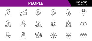 Düz bir şekilde insan simgesi oluşturuldu. Satır simgesi ayarlandı. Yönetim çizgisi simgeleri. Çizgi İş Adamları. İnsan kaynakları. Ofis yönetimi. Vektör illüstrasyonu.