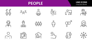 Düz bir şekilde insan simgesi oluşturuldu. Satır simgesi ayarlandı. Yönetim çizgisi simgeleri. Çizgi İş Adamları. İnsan kaynakları. Ofis yönetimi. Vektör illüstrasyonu.