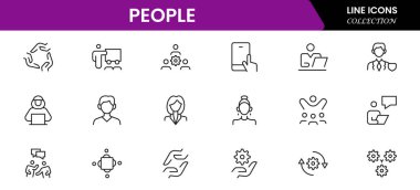 Düz bir şekilde insan simgesi oluşturuldu. Satır simgesi ayarlandı. Yönetim çizgisi simgeleri. Çizgi İş Adamları. İnsan kaynakları. Ofis yönetimi. Vektör illüstrasyonu.