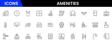 Konfor, tesis, hizmet, havuzlar, spor salonları, park yerleri ve modern yaşam tarzını tasvir eden kullanışlı vektör web çizgisi simgeleri.