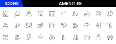 Konfor, tesis, hizmet, havuzlar, spor salonları, park yerleri ve modern yaşam tarzını tasvir eden kullanışlı vektör web çizgisi simgeleri.