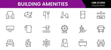 Konfor, tesis, hizmet, havuzlar, spor salonları, park yerleri ve modern yaşam tarzını tasvir eden kullanışlı vektör web çizgisi simgeleri.