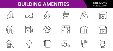 Konfor, tesis, hizmet, havuzlar, spor salonları, park yerleri ve modern yaşam tarzını tasvir eden kullanışlı vektör web çizgisi simgeleri.