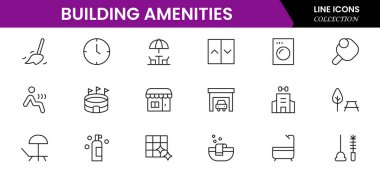 Konfor, tesis, hizmet, havuzlar, spor salonları, park yerleri ve modern yaşam tarzını tasvir eden kullanışlı vektör web çizgisi simgeleri.