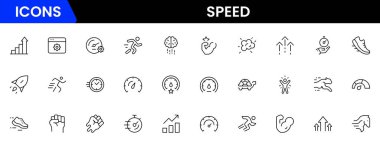 Hız ve performans simgesi ayarlandı. Hızlı, üretkenlik, gösterge, turbo, hız ve hız göstergesi simgeleri içeriyor. İnce çizgi simge koleksiyonu. Vektör illüstrasyonu.