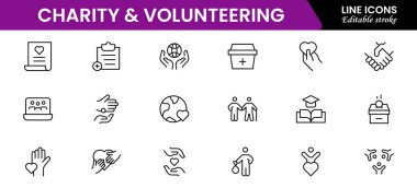 Gönüllü olmak ve hayır kurumlarının web simgeleri. Bağış, donör, doktor, bakım, yardım, destek, koleksiyon Vektörü illüstrasyonu.