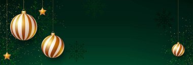 Koyu yeşil noel arkaplanı, noel baloları, yıldız süslemeleri ve altın konfetileri. Metin alanı olan bayram afişi tasarımı. Vektör illüstrasyonu