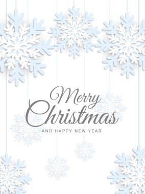 Noel ve yeni yıl tebrik kartı tasarımı. Harfli yazı elemanları ve dekoratif kar tanesi süsüsüyle birlikte tatil kartı şablonu. Vektör illüstrasyonu