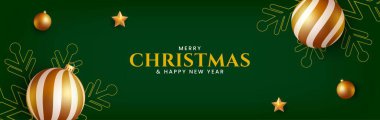 Noel ve yeni yıl geçmişi. Altın topları, hediye kutuları ve yıldız süslemeleri olan Noel afişi tasarımı. Yeşil tatil arka plan şablonu. Vektör illüstrasyonu