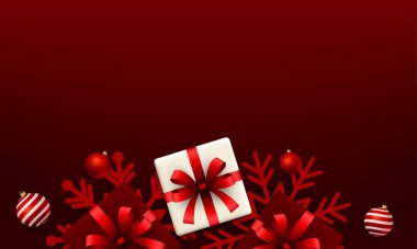 Noel ve kış tatili afişi. Kırmızı arka planda Noel süsleri ve hediye. Vektör illüstrasyonu