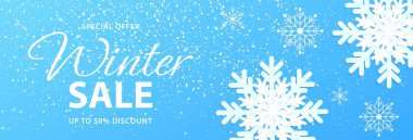 Kış indirimi afişi. Alışveriş için kar taneleri olan mavi arka plan, özel fiyat. Reklam pankartı, alışveriş sitesi şablonu. Vektör illüstrasyonu