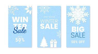 Kış satışları sosyal medya şablonu. Satış promosyonu için yaratıcı kış afişi. Poster, web sitesi afişi, sosyal medya reklamları. Vektör illüstrasyonu