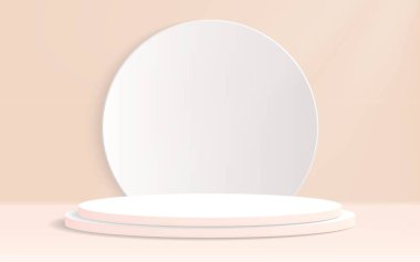 Geometrik ekran platformunda 3d beyaz silindir podyum. Ürün sunumu için podyum kaidesinin vektör sunumu, vitrin, maket. En küçük sahne platformu