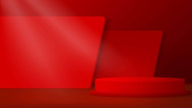 Kırmızı geometrik ekran platformunda 3D silindir podyum. Ürün sunumu için podyum kaidesinin vektör sunumu, vitrin, maket. En küçük sahne platformu