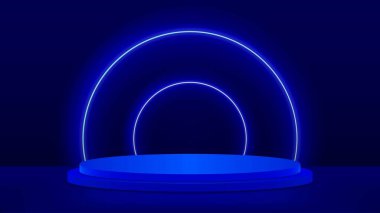 Mavi silindirik podyumlu ve parlayan daireli minimum siyah sahne platformu. Ürün sunumu için podyum kaidesinin vektör sunumu, vitrin, maket. Asgari sahne platformu