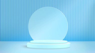 Geometrik platformun arka planında 3 boyutlu podyum sahnesi var. Mavi zemin üzerinde 3D vektör sunumu. Ürün sunumu, kozmetik ürünler. Mavi Sahne Stüdyosu