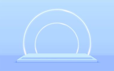 Soyut minimalist sahne geçmişi. Mavi arka planda silindir podyum. Ekran ürünü için sahne platformu. Gösteri, ürün sunumu, maket. Vektör illüstrasyonu.