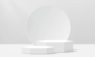 Beyaz gerçekçi kaidesel podyum gösterisi. Boş oda arkaplanı. Ürün gösterimi için 3d geometrik platform oluşturuluyor. Stüdyo sahne çizimi