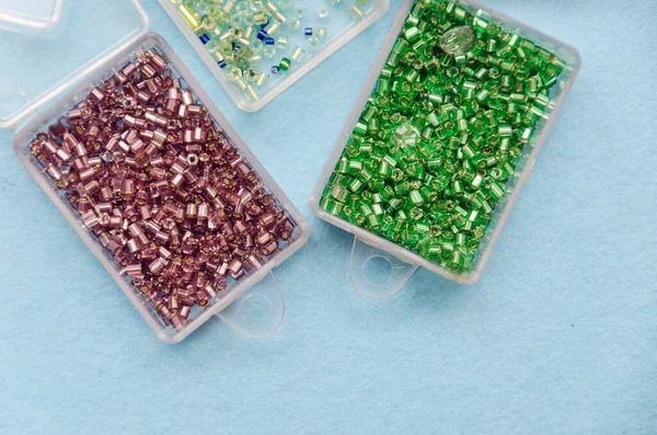 Multicolored Beads Beads Needlework Background Beads Close Colorful Beads Box — Stock Photo, Image