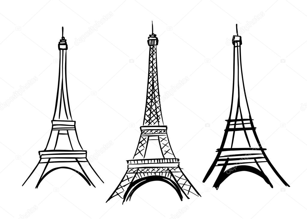 Abstract vector of a Paris Eiffel Tower Icon. Hand drawn. Set